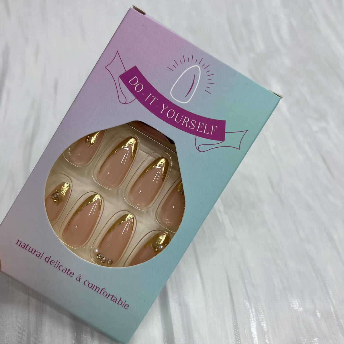 Gold French Tip Press On Nails Medium Almond Fake Nails with Pearl Designs Glossy Nude Pink Glue On Nail Reusable Full Cover Acrylic Nail for Women Office Wedding Date Night 24 PCS
