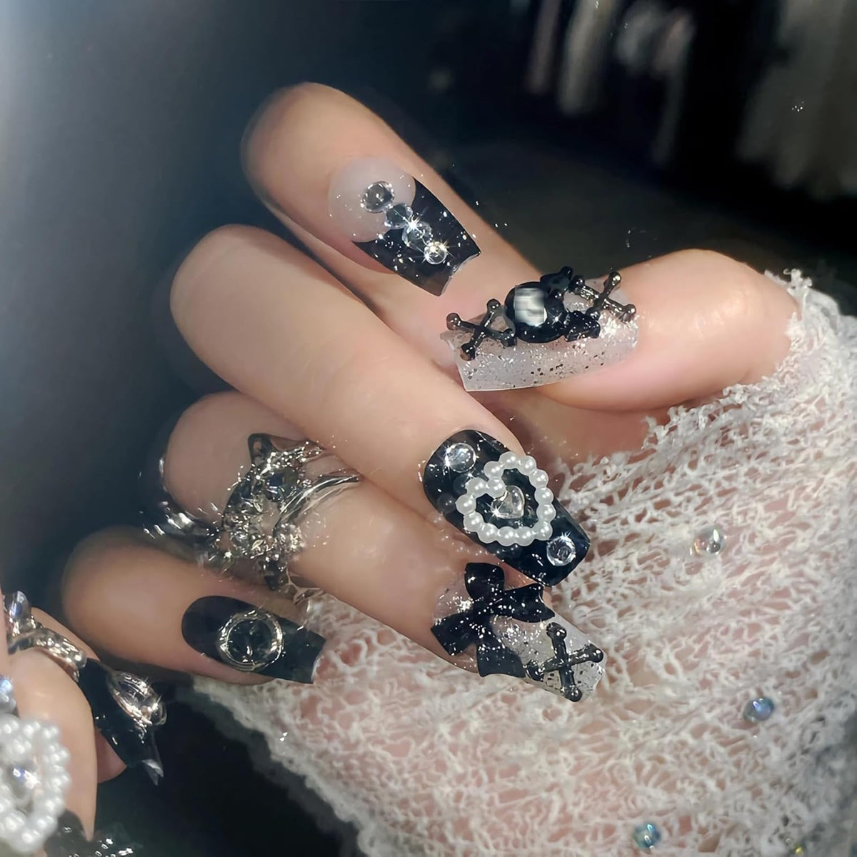SINHOT Luxury Press on Nails - Long Coffin Fake Nails 3D Handmade Cute Pink Reusable False Nails with Rhinestone Designs,DIY Artificial Nail Art, 24pcs
