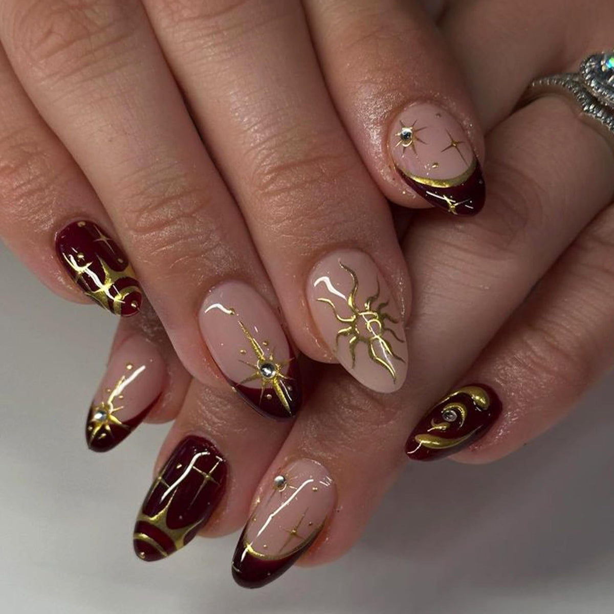 MERVF Medium Almond Press on Nails - White Ombre French Tip Fake Acrylic Nails, Rhinestones Gold Rings Design Wedding Glossy Finish 24pcs
