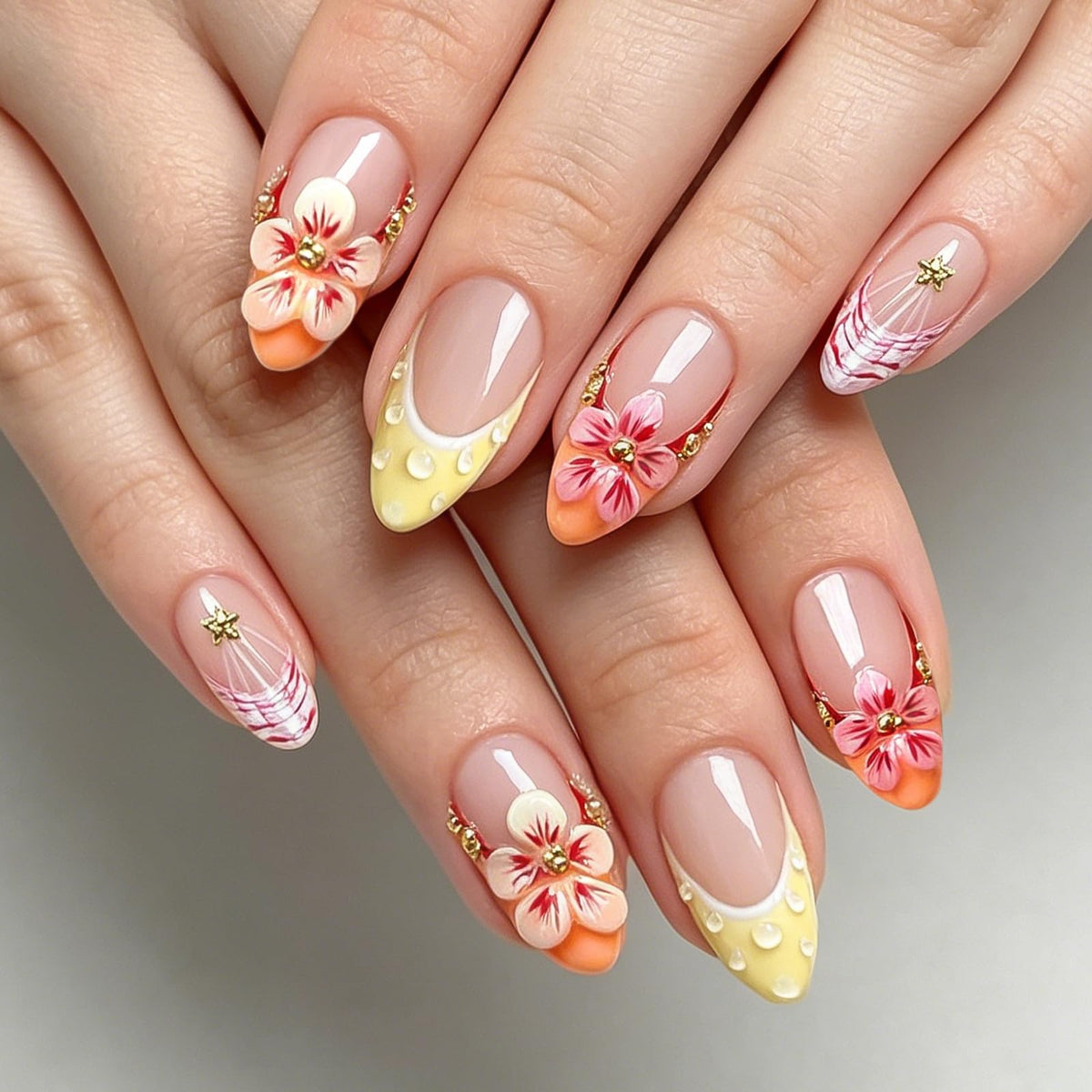 HOSAILY Luxury Press on Nails Medium Almond Rhinestones French Designs Fake Nails, 24PCS Glossy Sparkle Colorful Gems Stick on Nails for Women Party Daily Wear