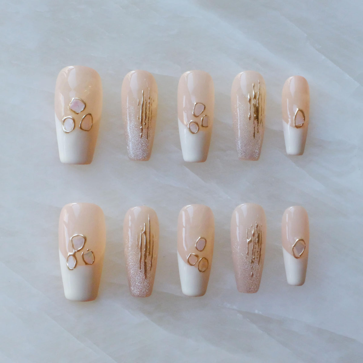 Luxury Handmade Press On Nails, Vintage Bohemian Style, Long Stiletto Shape, Crystal Heart Gems, Gold Stars Design, 10 Pieces (Large, LS)