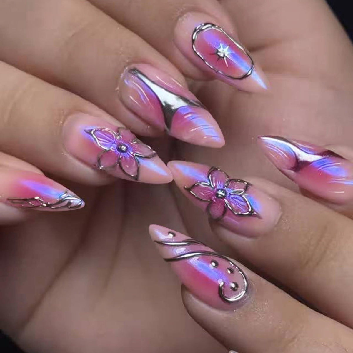 MERVF Medium Almond Press on Nails - White Ombre French Tip Fake Acrylic Nails, Rhinestones Gold Rings Design Wedding Glossy Finish 24pcs