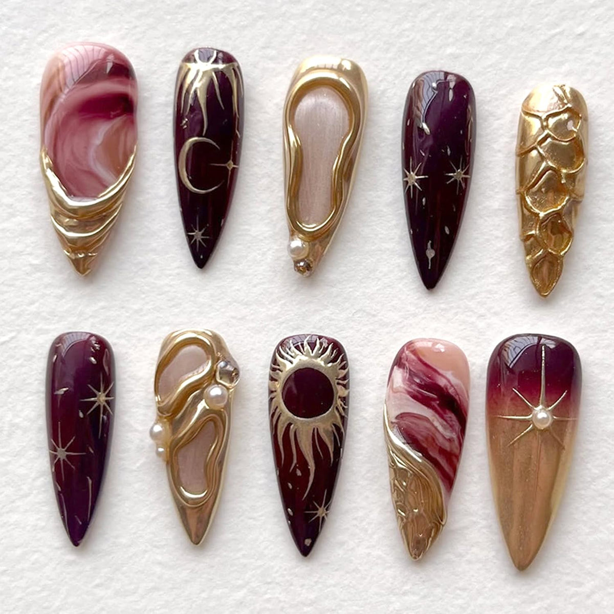 30Pcs Gold Star Moon Press on Nails Long Stiletto French Tip Fake Nails Press on 3D Chrome Gold Design Sun False Nails Irregular Gilded Lines Full Cover Purple Glossy Artificial Acrylic Nail for Women