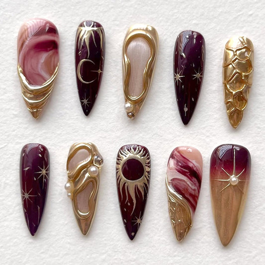 30Pcs Gold Star Moon Press on Nails Long Stiletto French Tip Fake Nails Press on 3D Chrome Gold Design Sun False Nails Irregular Gilded Lines Full Cover Purple Glossy Artificial Acrylic Nail for Women
