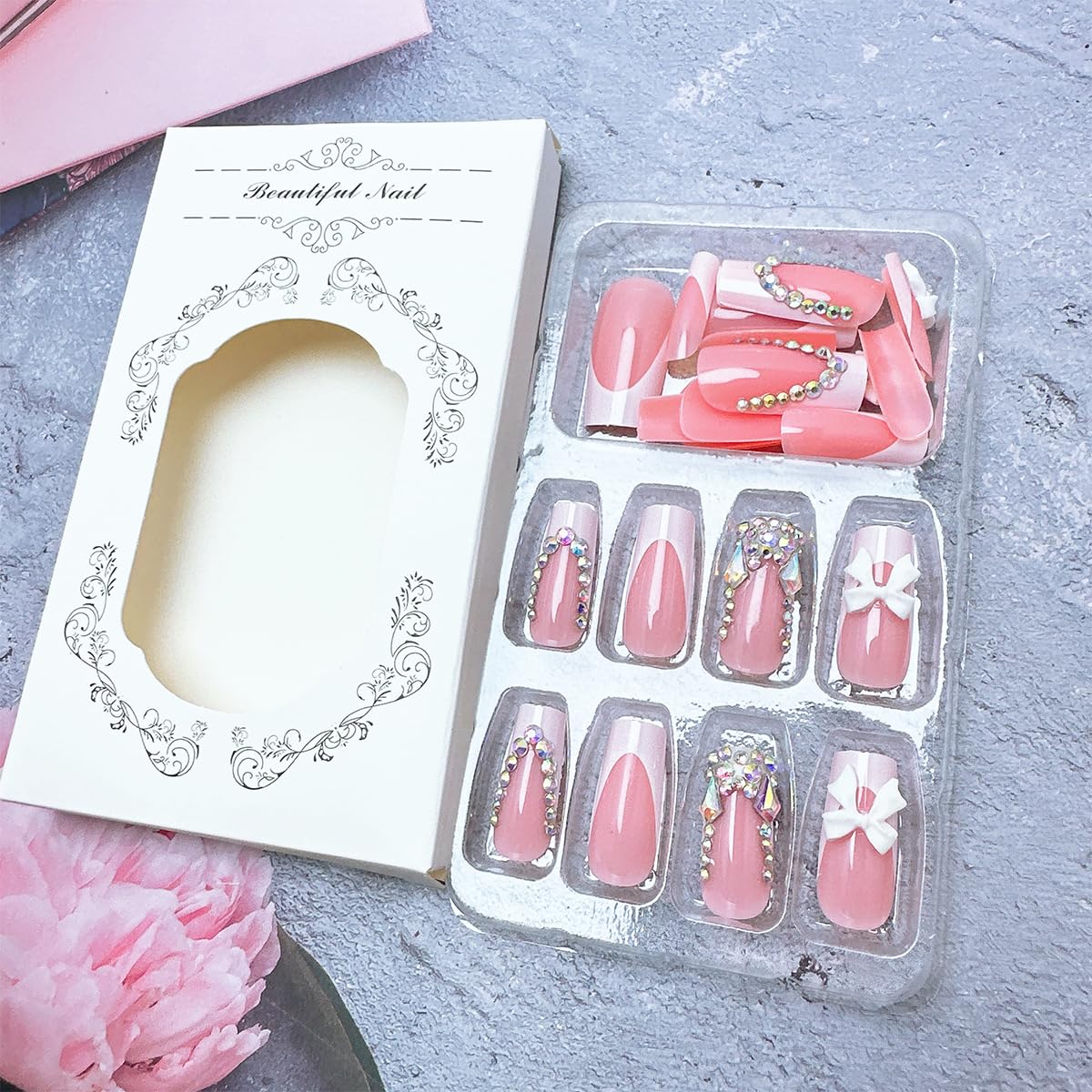 24 Pcs French Tip Press On Nails Long Coffin Almond Acrylic Full Cover Stick on Nails with Glitter Rhinestones Designs White Bow False Nails for Women Nail Art Decoration