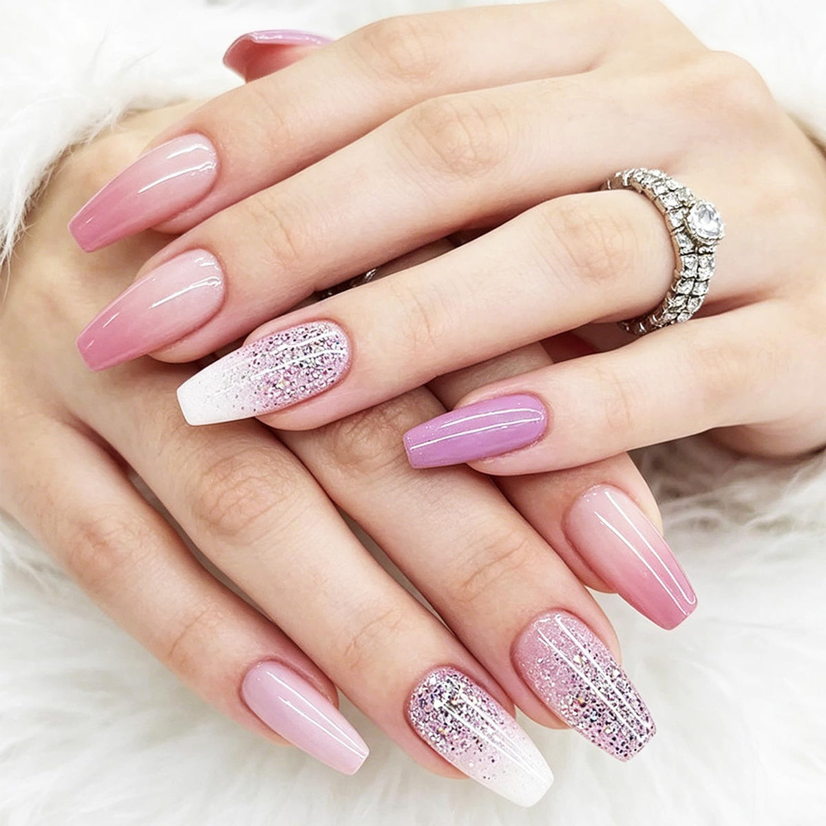 Press on Nails Silver Glitter Rhinestone Medium Square Fake Nails