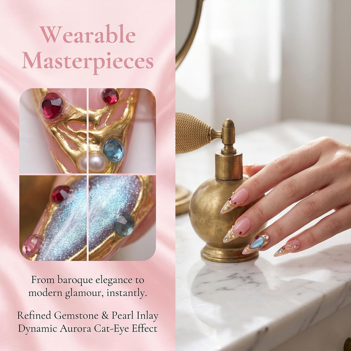 Handmade Press on Nails Long Stiletto - Liquid Gold Abstract Acrylic Fake Nails with Blue Shimmer & Colorful Gems, Luxury Reusable False Nails 10 pcs (Size M)