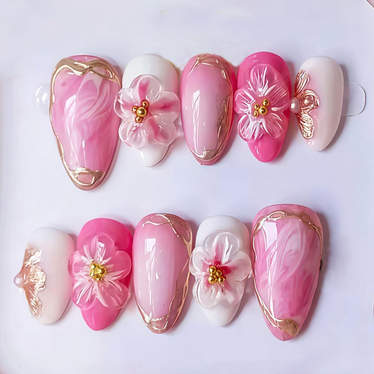 30Pcs Long Stiletto Press On Nails Gold Chrome Fake Nails with 3D Rhinestone Design Amber Gilding Nude Full Cover Acrylic Nails French Tip Glue On Nails Metal False Nails Luxury Manicure Set for Women