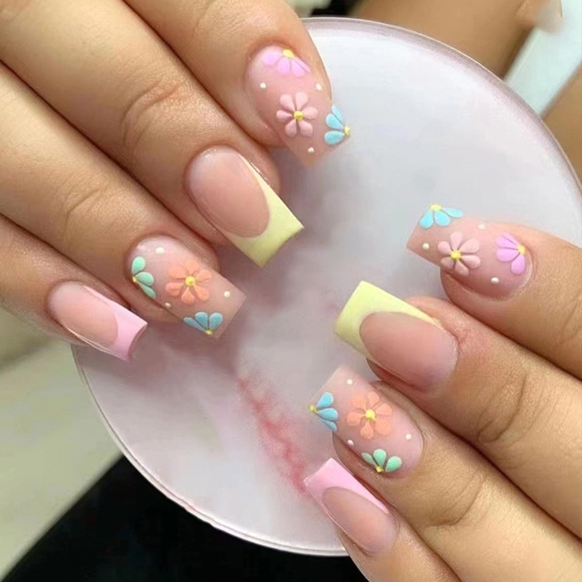 Medium Press on Nails Square White French Tip False Nails with Glitter Design Cute Fake Nails Light Pink Full Cover Nails Press ons Glossy Glue on Nails for Girls and Women 24Pcs