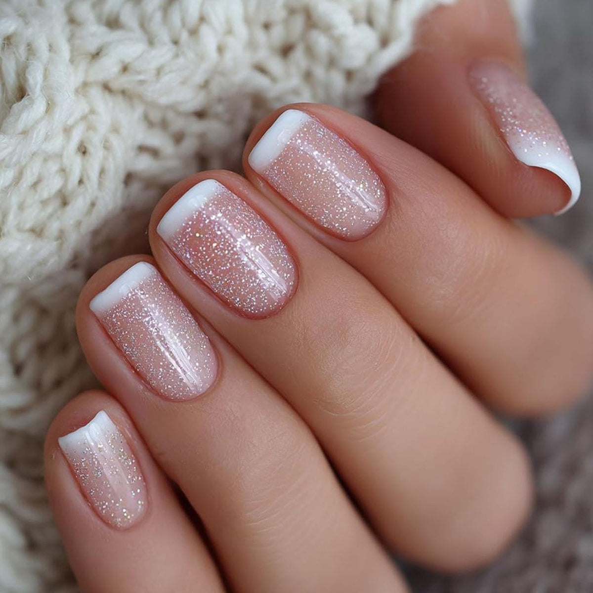 Press On Nails Short Square, Nude Pink Silver Glitter White French Tip Glossy Fake Nails, Full Cover Acrylic Gel False Artificial Nails for Bridal Wedding Daily Office Date Party Wear