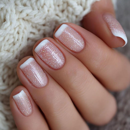 Press On Nails Short Square, Nude Pink Silver Glitter White French Tip Glossy Fake Nails, Full Cover Acrylic Gel False Artificial Nails for Bridal Wedding Daily Office Date Party Wear
