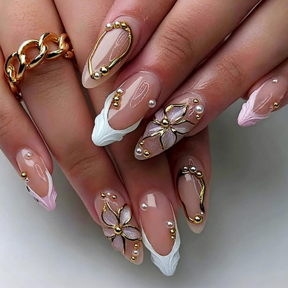 3D Handmade Pink Flower Press on Nails Blue French Tip Almond Fake Nails with Gold Metal Charms Luxury Reusable Full Cover Pink Acrylic Nails Press on for Women 24Pcs