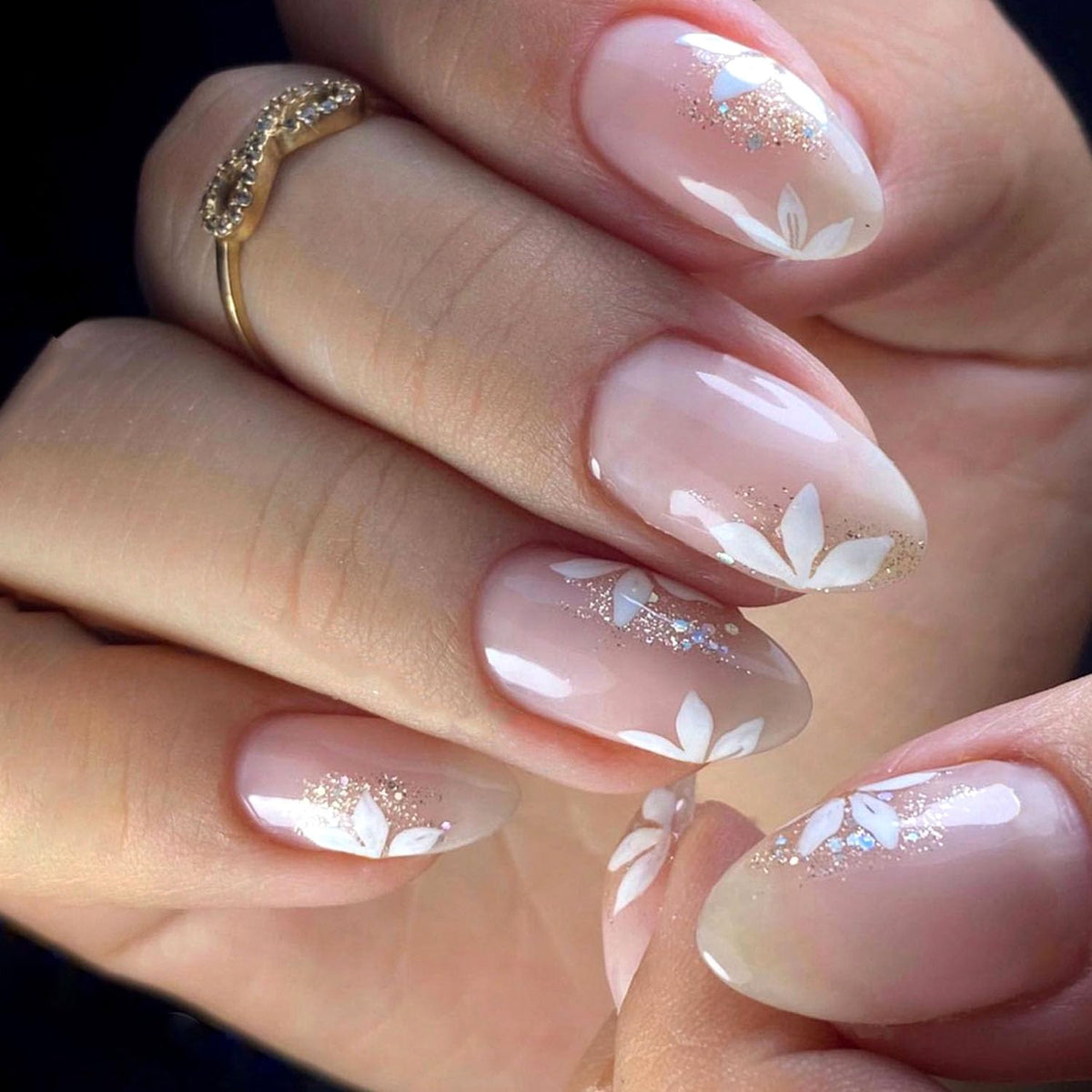 Short Press On Almond Fake Nails - Flower Acrylic Fall Nails Press Ons Full Cover Glue On Cute False Floral Stick On Nails for Women - 30 Pcs