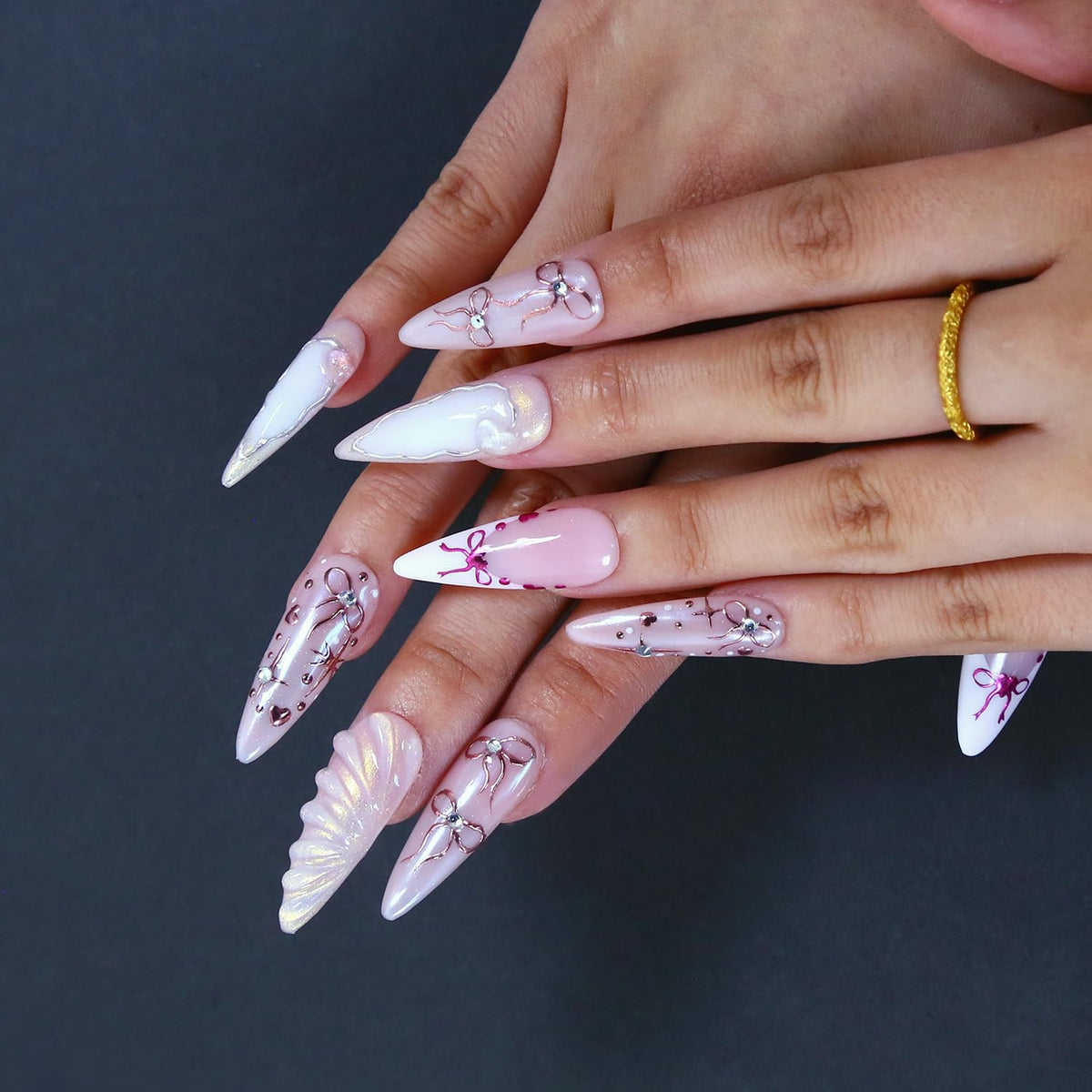 Press on Nails, Handmade Medium Almond Fake Nails, 3D Art False Fingernails with Design Full Cover Fake Nail, Glossy Acrylic Stick on Nails Artificial Nails for Women Manicure 10 Pcs (L)