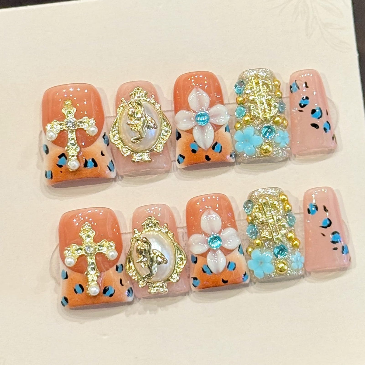 Nude Jelly Press on Nails Long Coffin, Handmade Luxury Rhinestone False Nails with Crystal & Pearl, Glossy Nude Ballerina Fake Nails Reusable Stick On Nails Set for Women 10Pcs