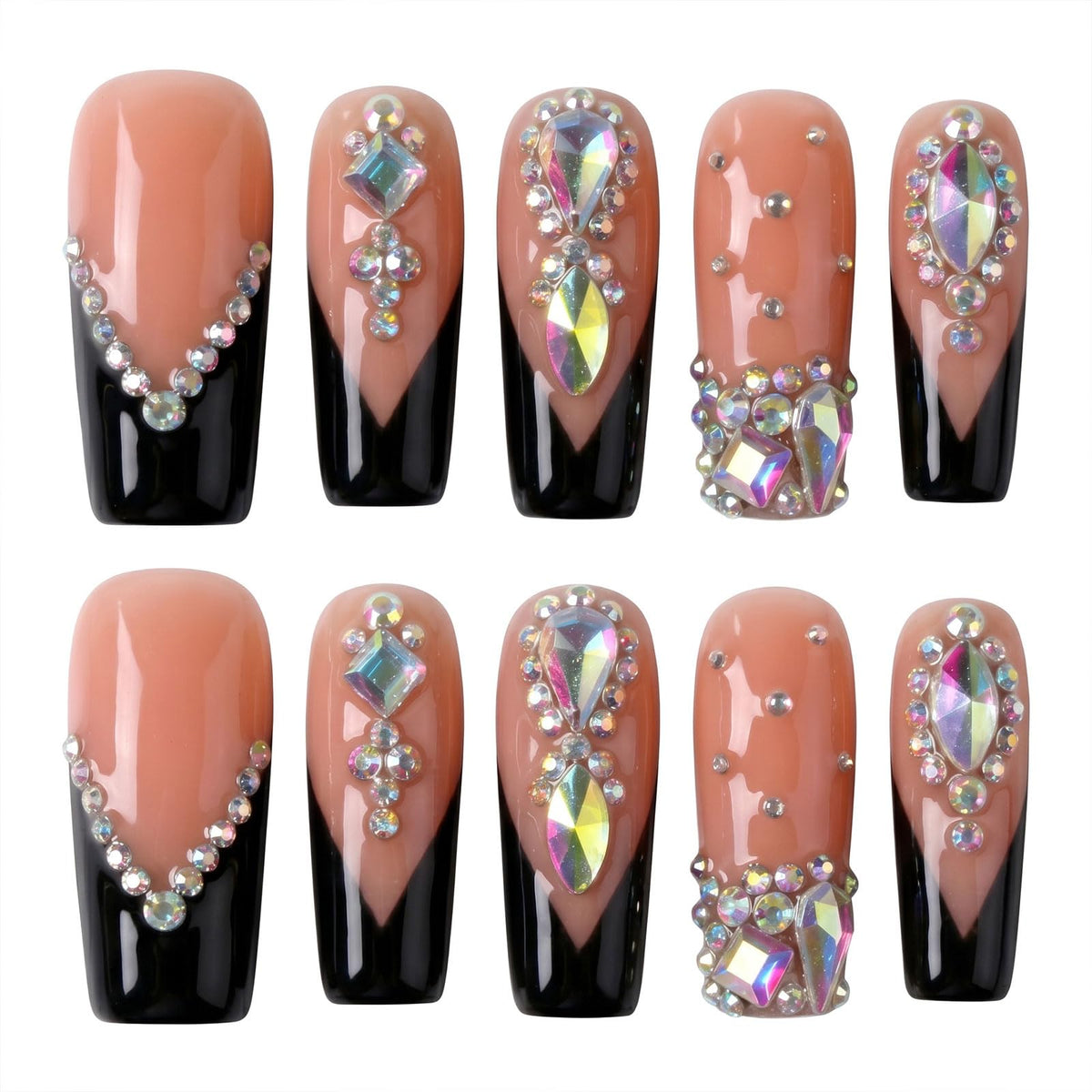 Long Square Handmade Press on Nails - White French Tip Acrylic Fake Nails with Crystals Gems, Elegant Bridal Reusable False Nails for Wedding Manicure 10 Pack (Size M)