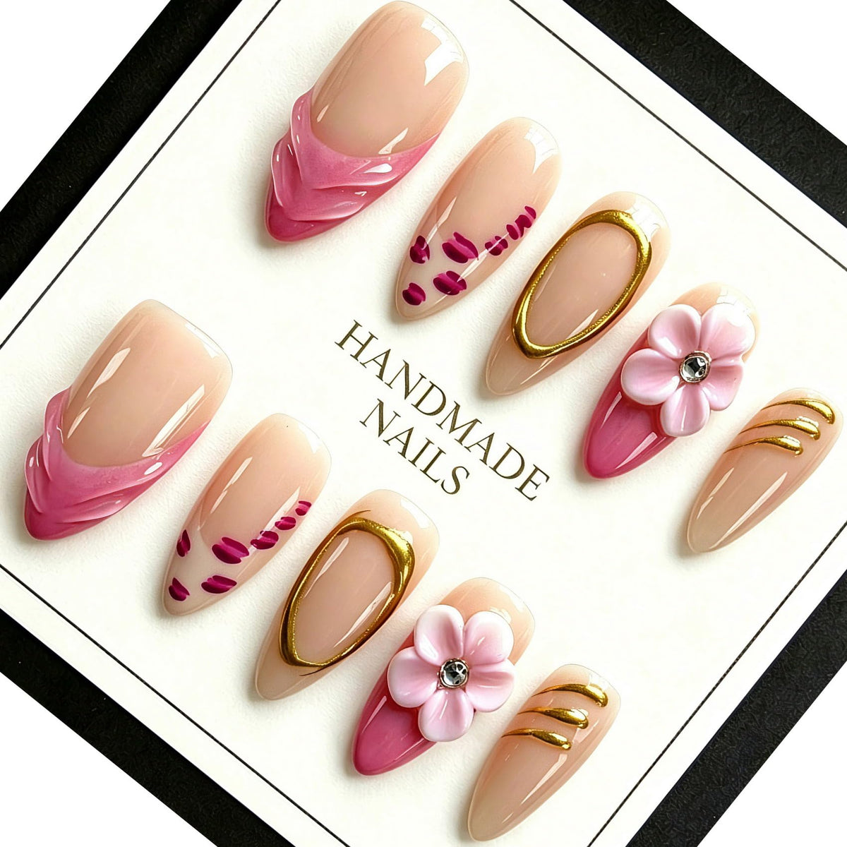 Handmade Almond Press on Nails, Abstract 3D Floral Gold, 10Pcs