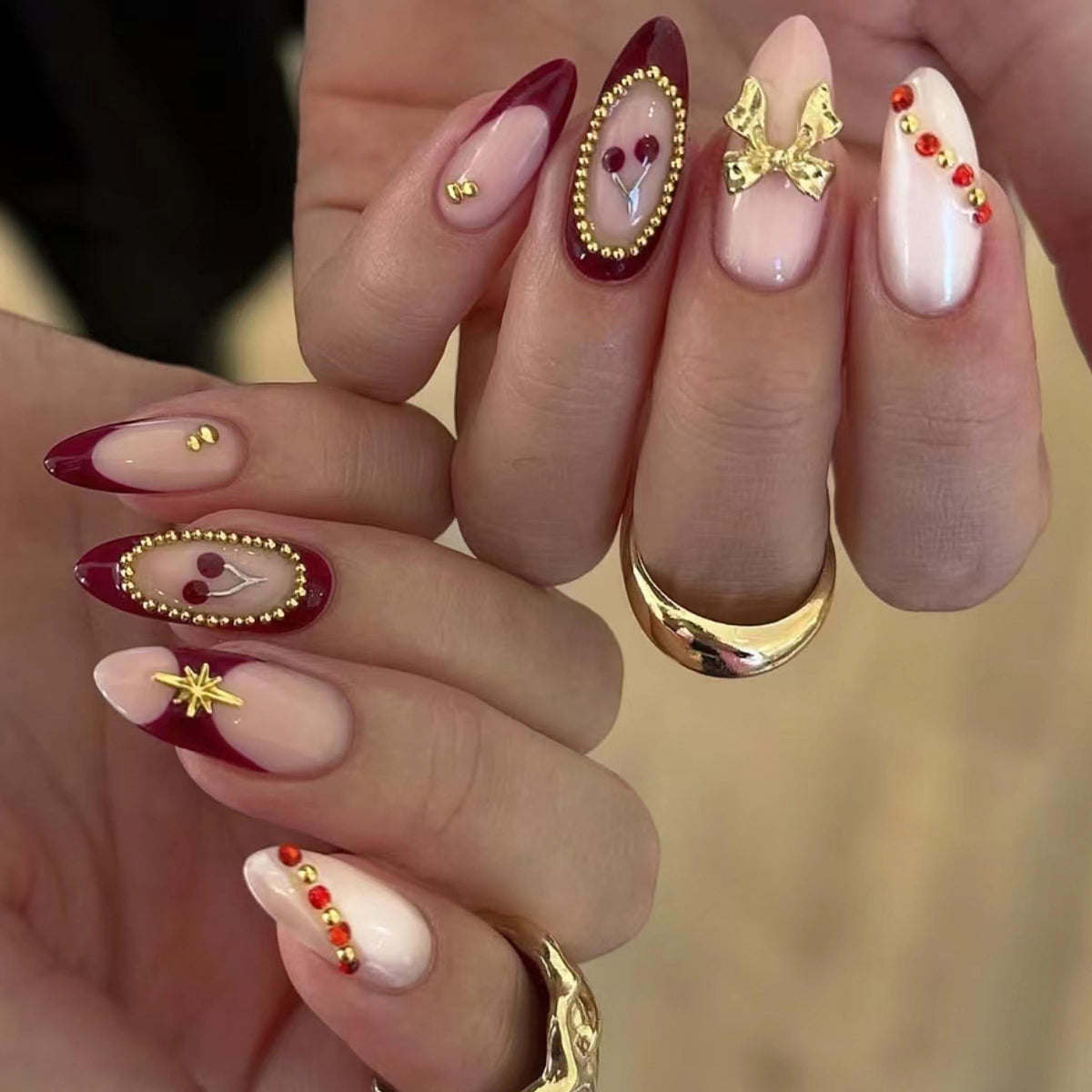 MERVF Medium Almond Press on Nails - White Ombre French Tip Fake Acrylic Nails, Rhinestones Gold Rings Design Wedding Glossy Finish 24pcs