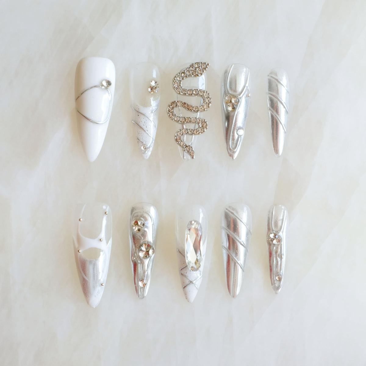 Luxury Handmade Press On Nails, Vintage Bohemian Style, Long Stiletto Shape, Crystal Heart Gems, Gold Stars Design, 10 Pieces (Large, LS)