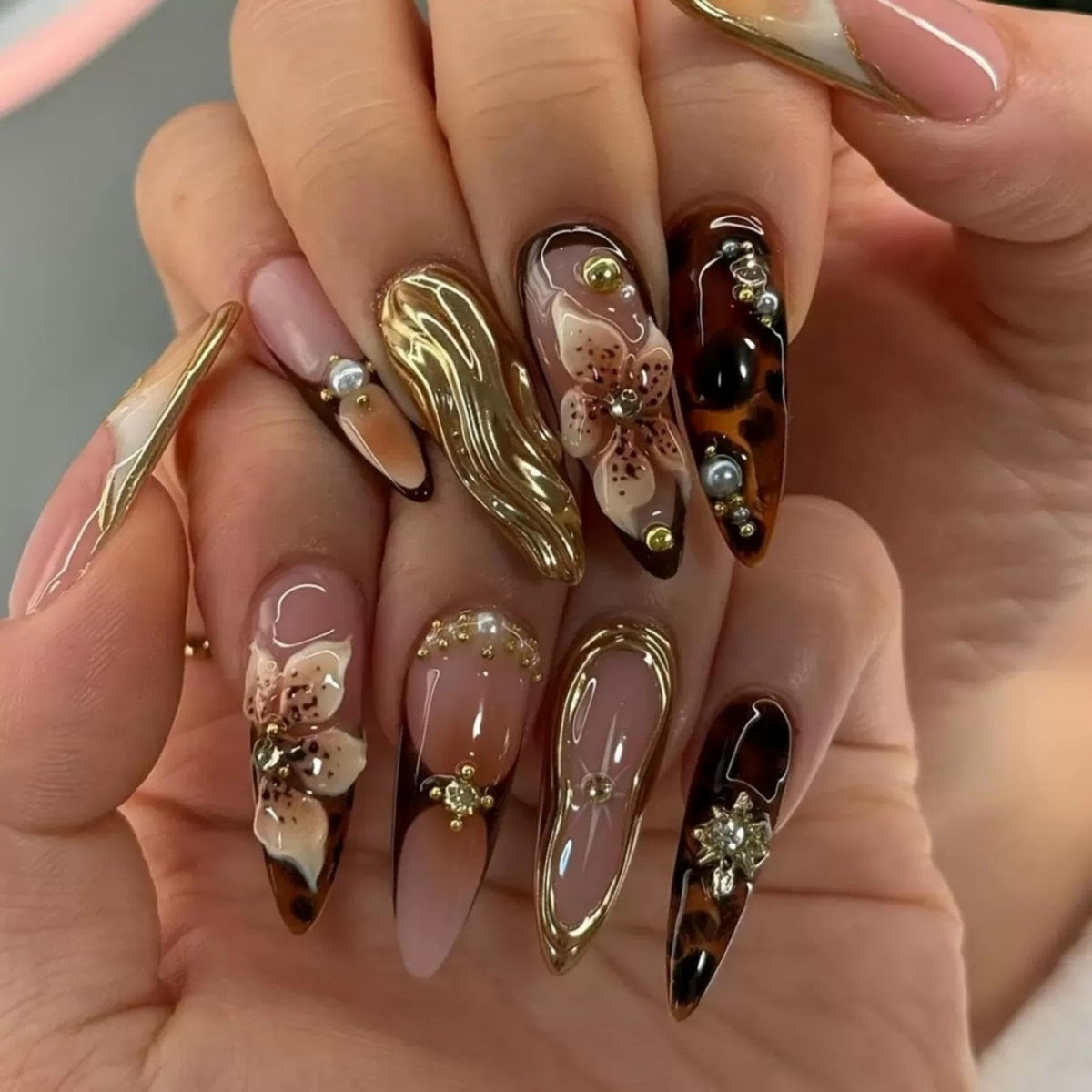 Almond Press on Nails Medium Fake Nails with 5D Metal Lines Charm Design Glossy Pink Nails Press on Curve Glue on Nails Reusable Luxury Silver Beads Acrylic Nail for Women 24Pcs