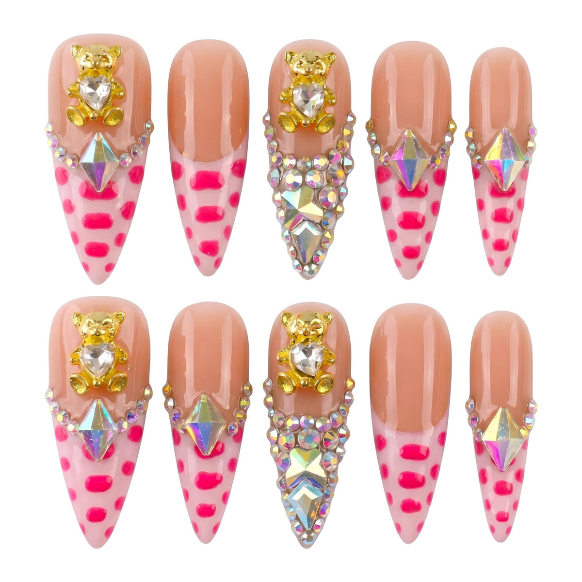 Luxury Handmade Press on Nails Long Stiletto Acrylic Fake Nails with Rhinestone Pearl Designs Glossy Full Cover Reusable Stick on Nails for Women Manicure 10Pcs