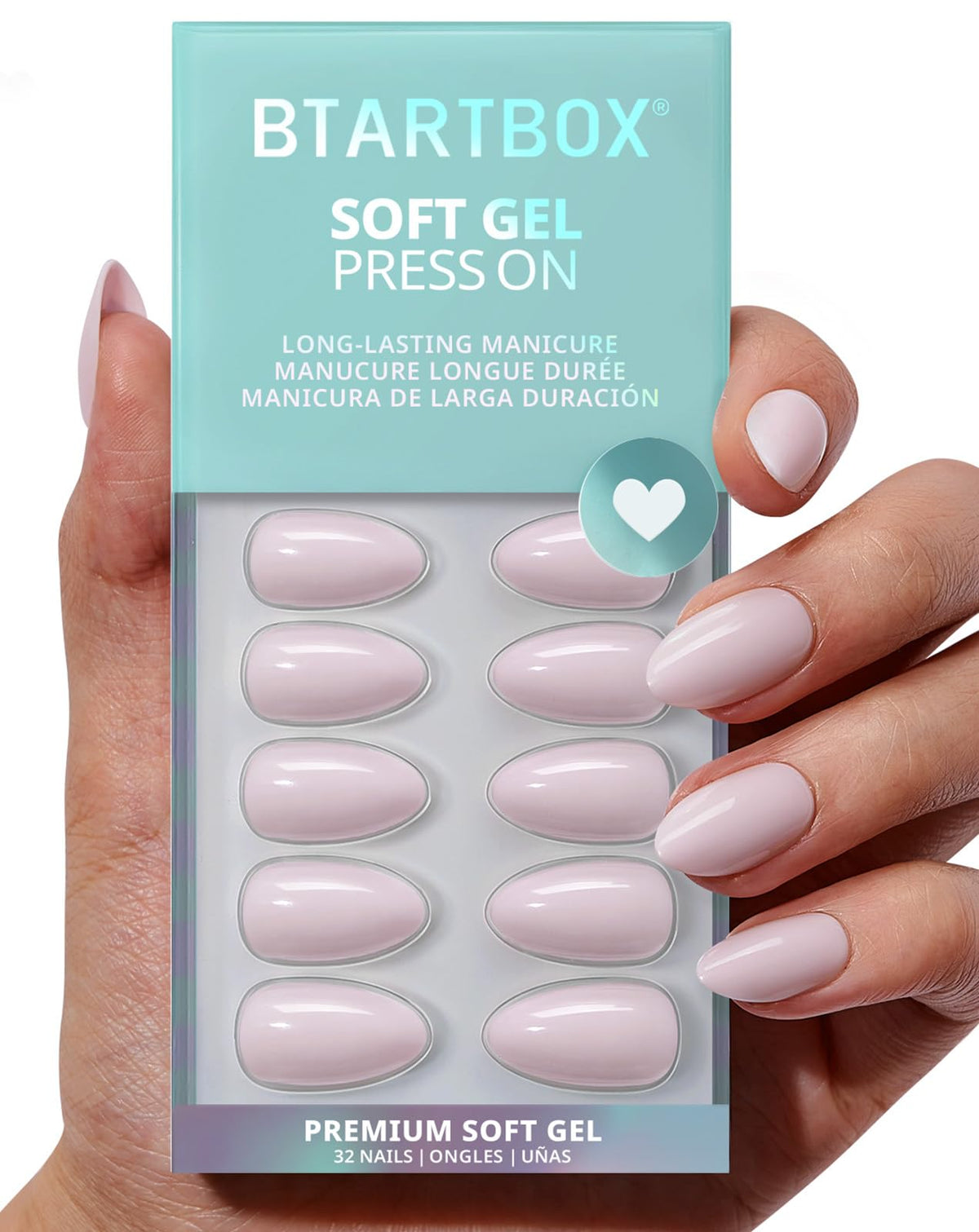BTArtbox Press On Nails, Short Square Pink Fake Nails, 32Pcs Full Kit
