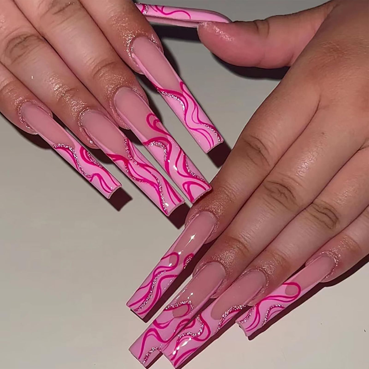 IMSOHOT Luxury Handmade Press on Nails Long Square Fake Nails with 3D Flower Designs Glossy Blue French Tips False Nails Full Cover Acrylic Glue Stick on Nails for Women