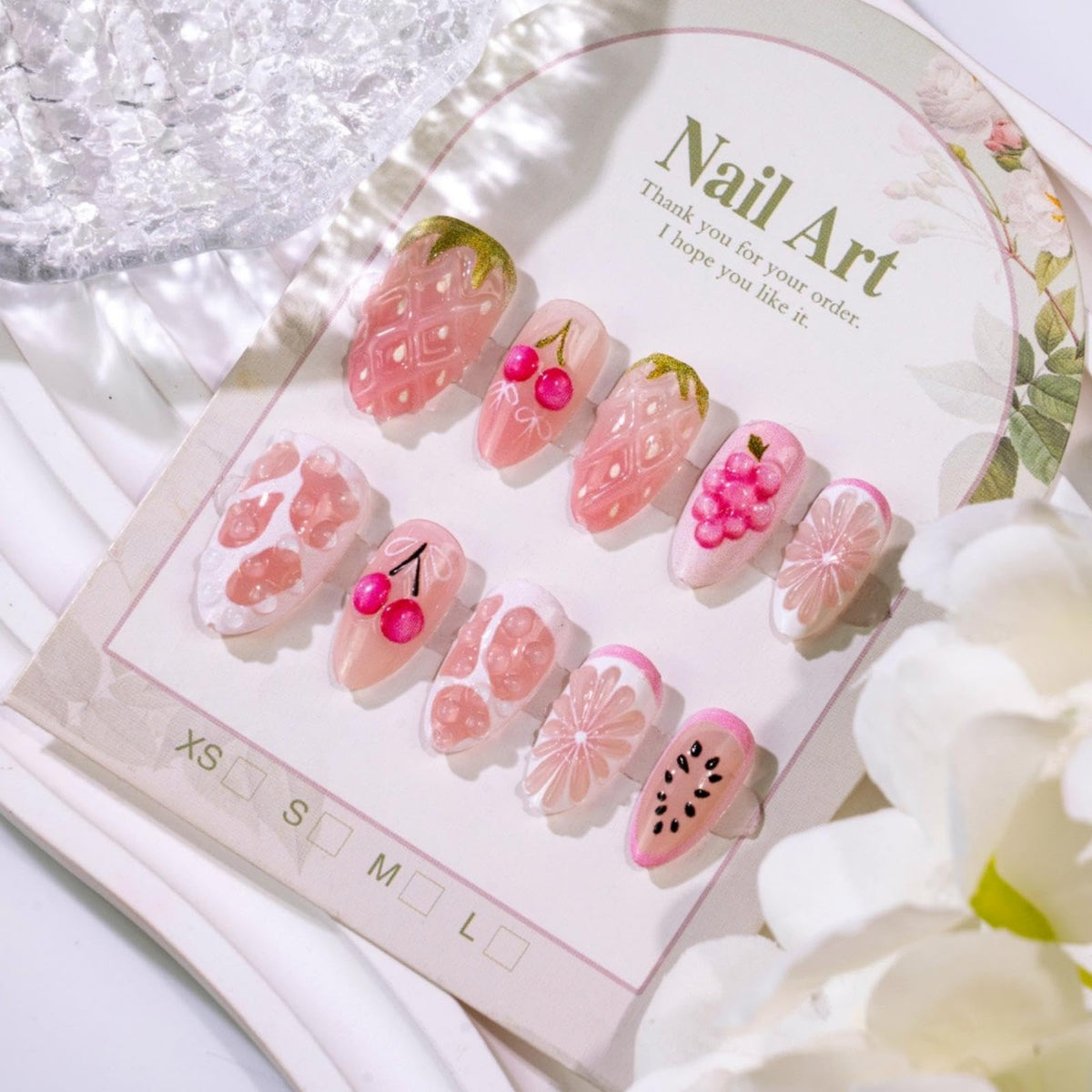 3D Handmade Pink Flower Press on Nails Blue French Tip Almond Fake Nails with Gold Metal Charms Luxury Reusable Full Cover Pink Acrylic Nails Press on for Women 24Pcs