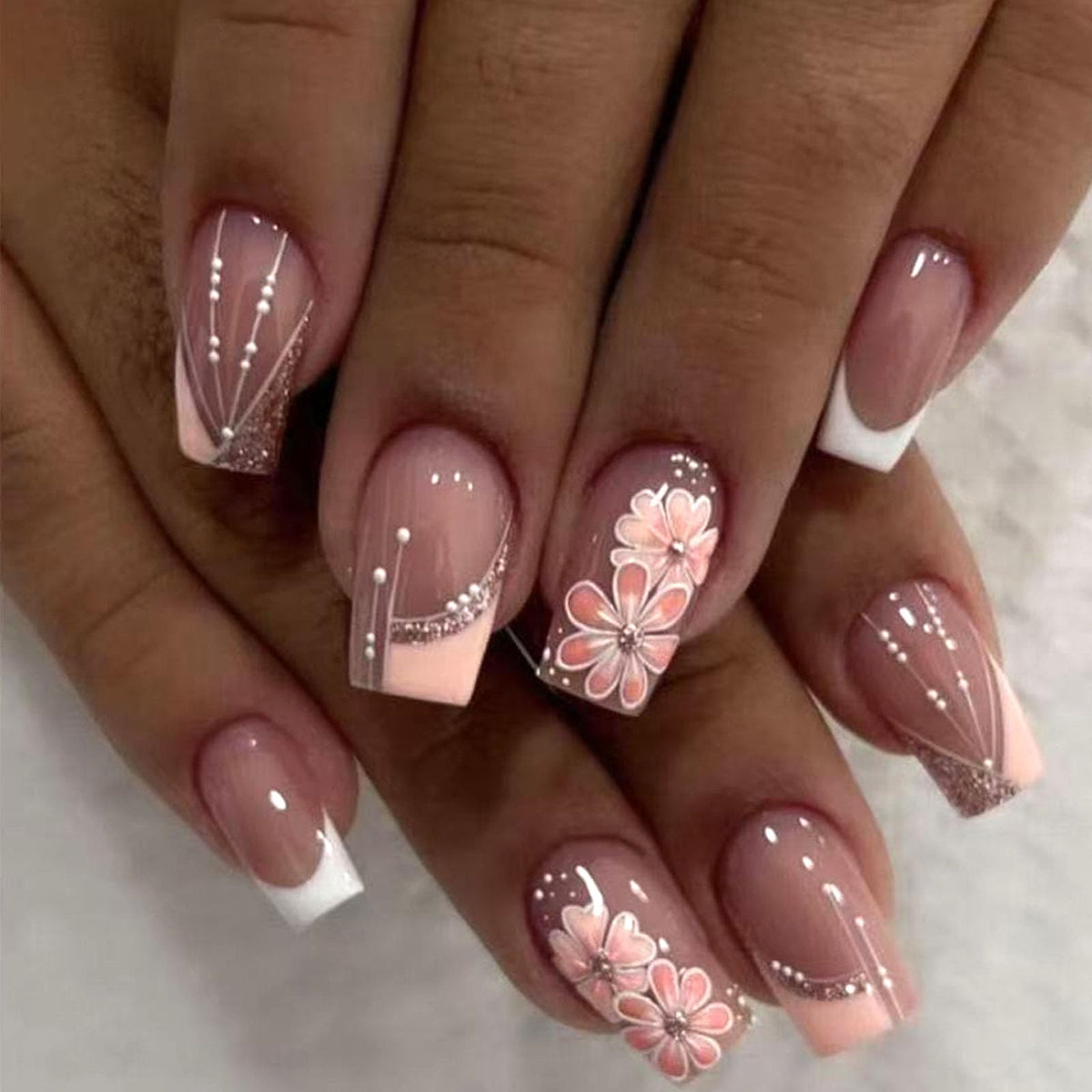 Medium Press on Nails Square White French Tip False Nails with Glitter Design Cute Fake Nails Light Pink Full Cover Nails Press ons Glossy Glue on Nails for Girls and Women 24Pcs