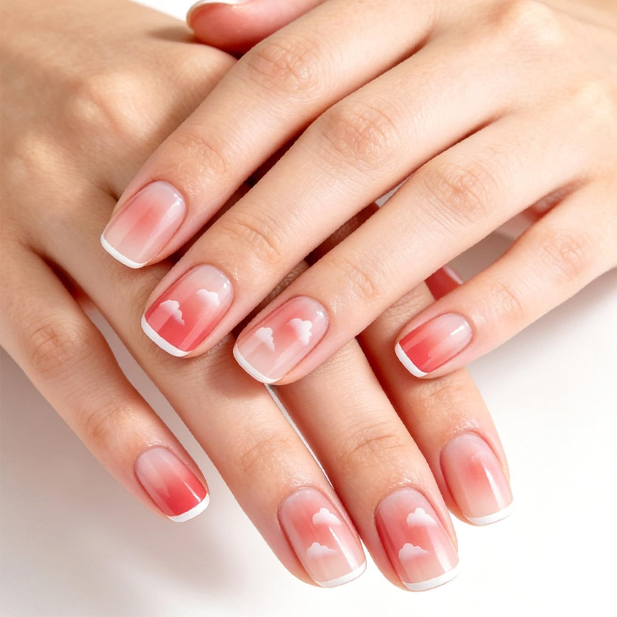 Press on Nails with Shimmer Design Glossy White French Tips Short Square False Nails Silver Glitter Fake Nail Nude Minimalist Stick on Fingernails Pink Glue on Nail for Women Bridal Daily Wear