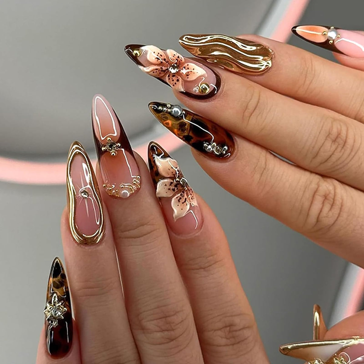 HOSAILY Long Almond Gold Glitter Press On Nails - Luxury French Shimmer Diamond Design, Holiday Party & Wedding False Nail, 24PCS Full Cover Gel Nail for Women- Autumn to New Year’s Elegance