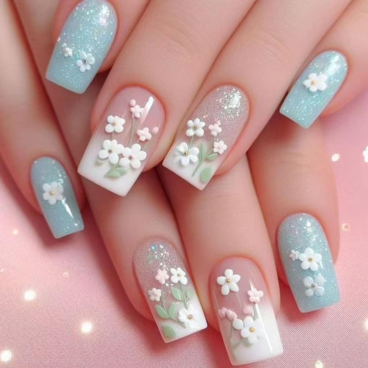 Medium Press on Nails Square White French Tip False Nails with Glitter Design Cute Fake Nails Light Pink Full Cover Nails Press ons Glossy Glue on Nails for Girls and Women 24Pcs