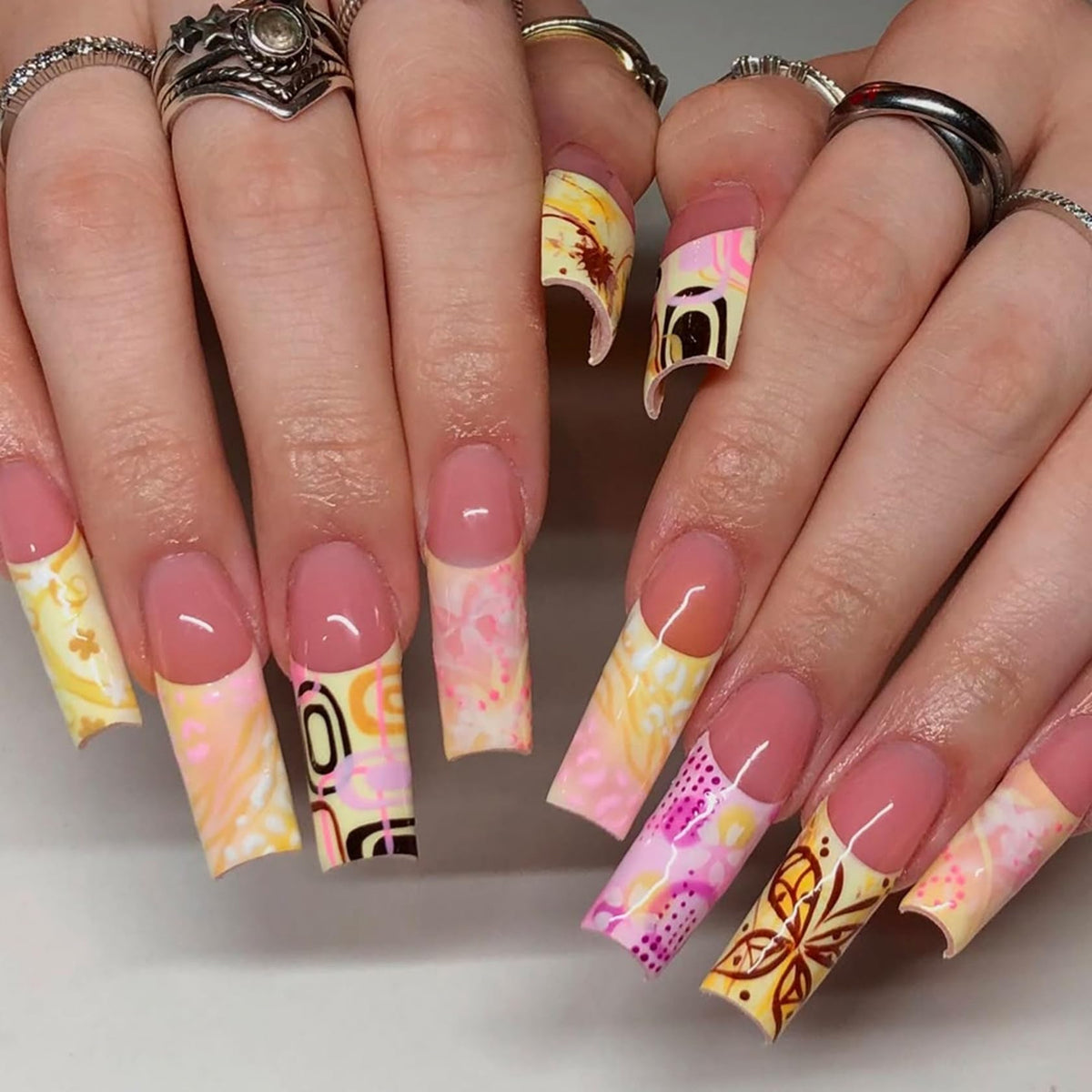 Long Square Press on Nails Bling Gold Chain & Crystal Nails,Fake Nails Artificial Stick on Nails for Women, Nude Pink Glam Prom Wedding Nails with Diamonds