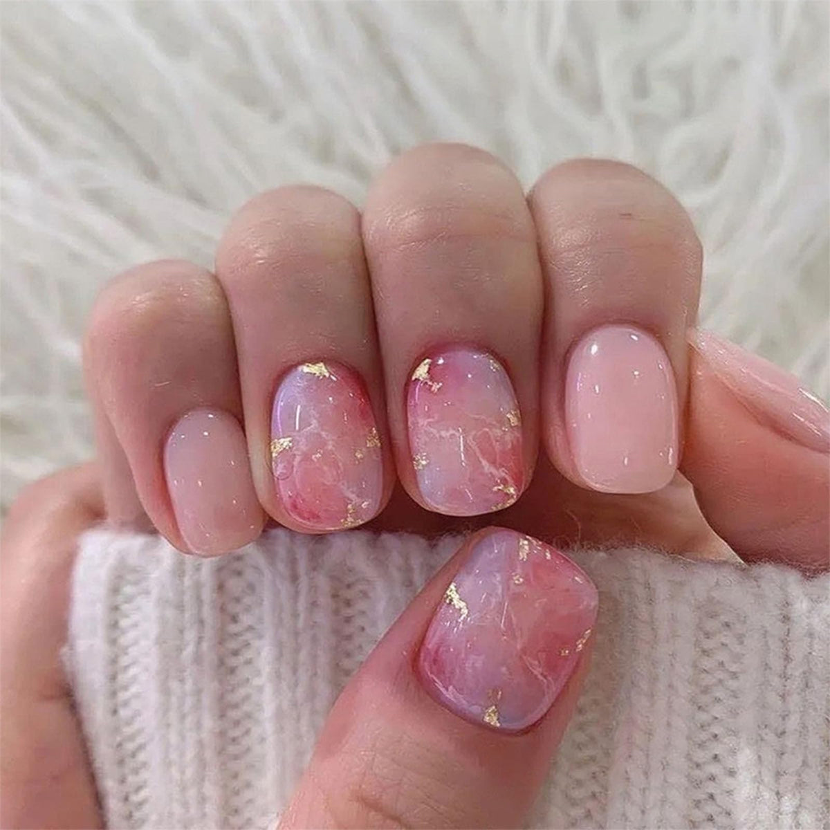 Short Press on Nails Square Nude Ombre Fake Nails Press ons White Glue Stick on Nails with Designs Full Cover Acrylic Glossy Artificial Cute False Nail for Women Girls 24 Pcs