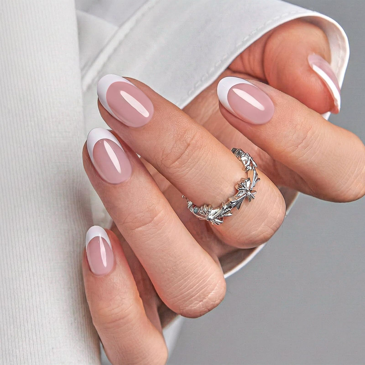 CurvLife Short Oval Chrome Nude Press On Nails, Champagne Pearl, Soft Gel