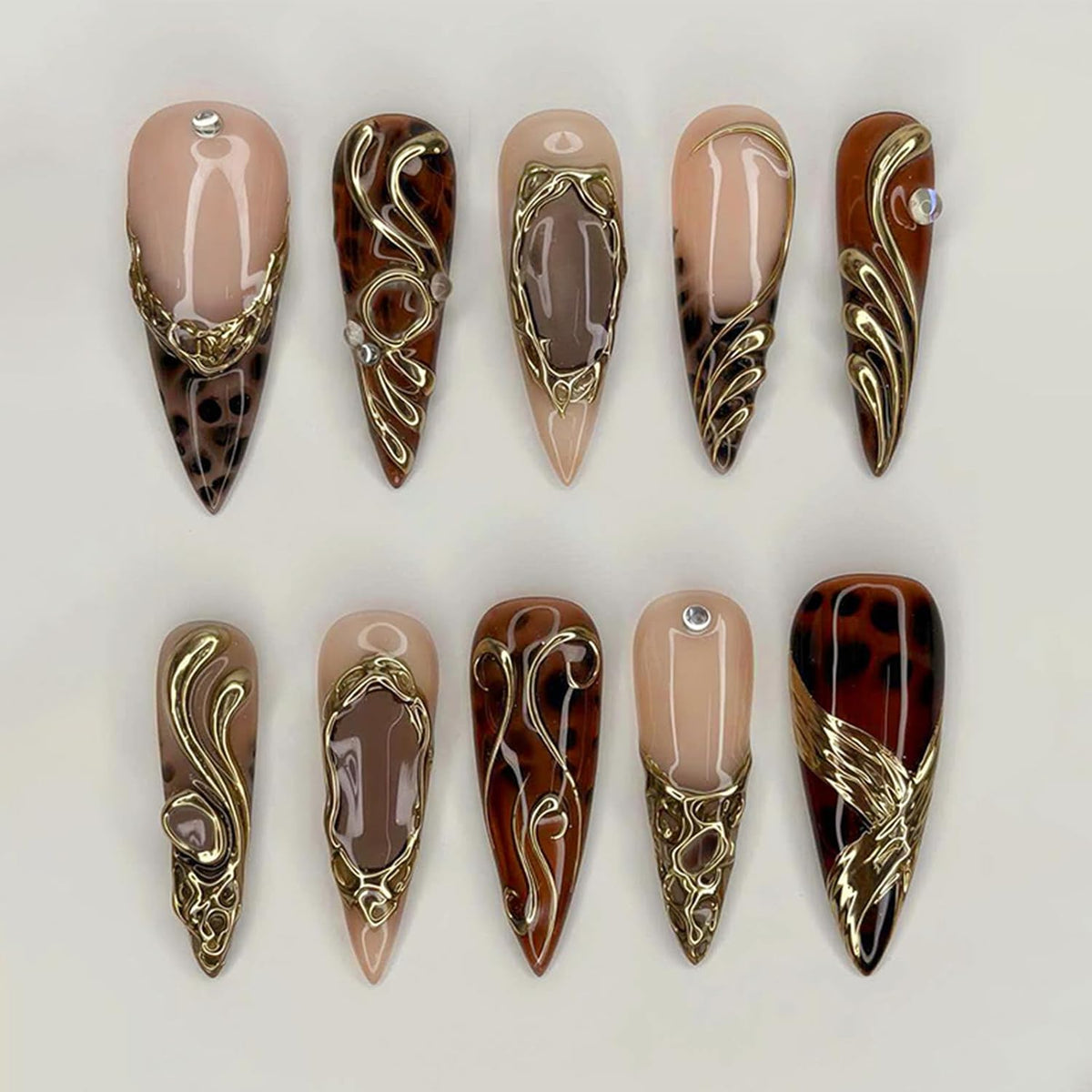 30Pcs Long Stiletto Press On Nails Gold Chrome Fake Nails with 3D Rhinestone Design Amber Gilding Nude Full Cover Acrylic Nails French Tip Glue On Nails Metal False Nails Luxury Manicure Set for Women