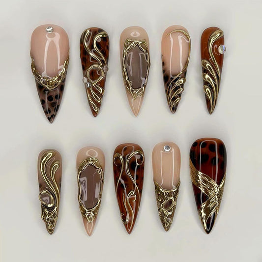 30Pcs Long Stiletto Press On Nails Gold Chrome Fake Nails with 3D Rhinestone Design Amber Gilding Nude Full Cover Acrylic Nails French Tip Glue On Nails Metal False Nails Luxury Manicure Set for Women