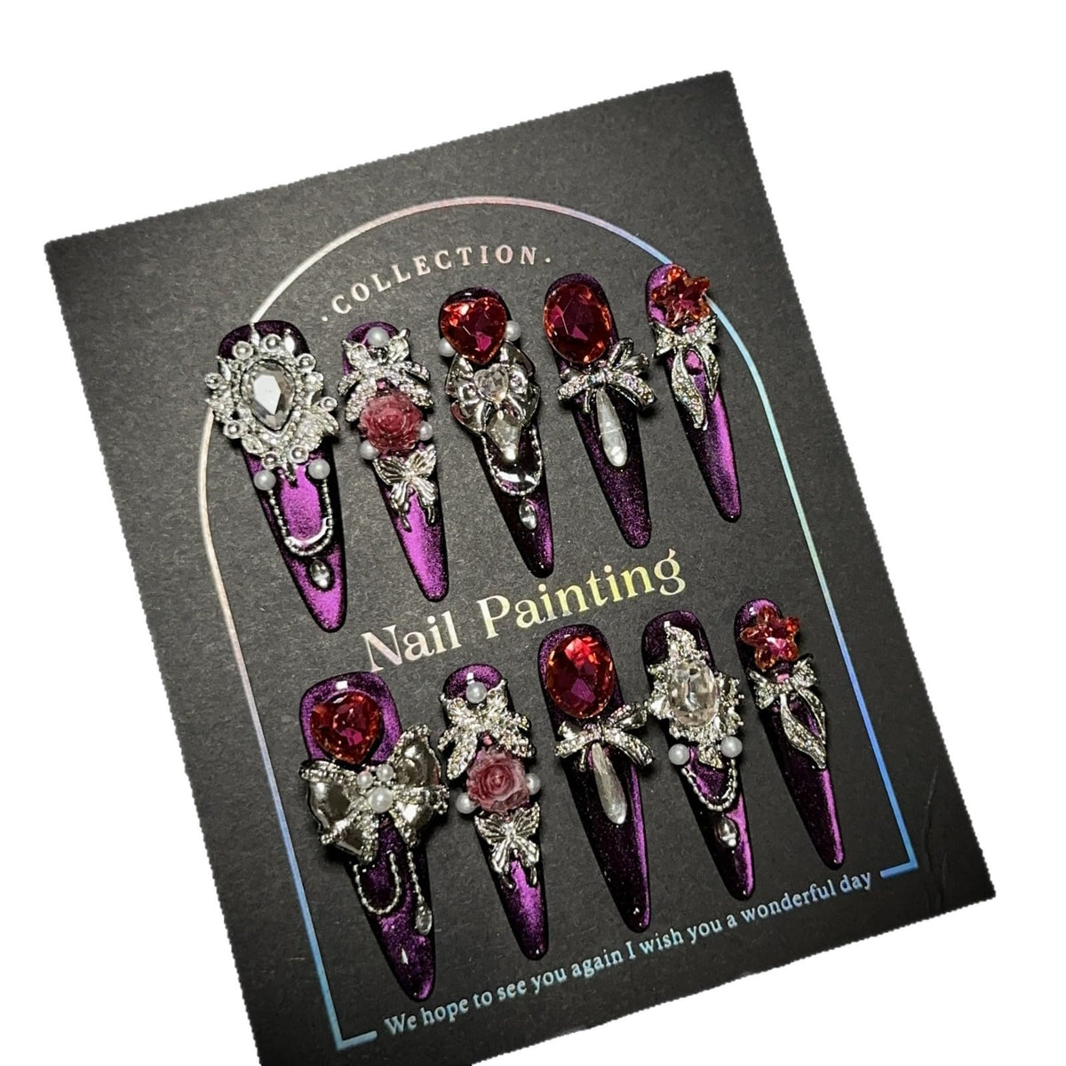 Luxury Handmade Press On Nails, Vintage Bohemian Style, Long Stiletto Shape, Crystal Heart Gems, Gold Stars Design, 10 Pieces (Large, LS)