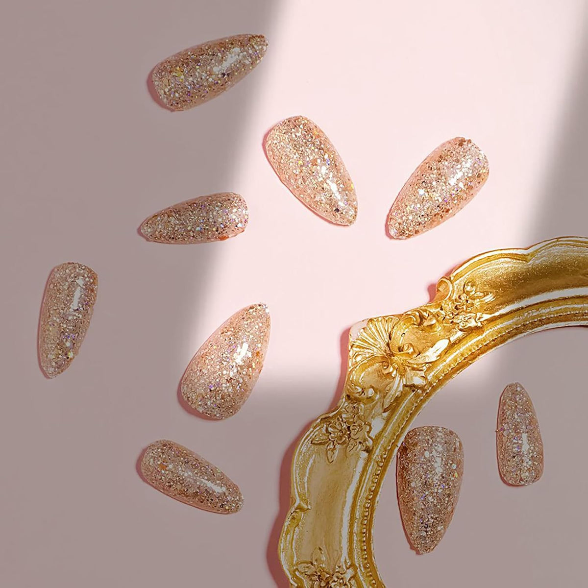 Long Almond Glitter Press on Nails Nude Pink Fashion Gold Fake Nails Full Cover Sparkling Stick On Nails Glossy Thin Design Glue on Nails for Girl Women False Nails Daily Office Party Wedding 24 Pcs