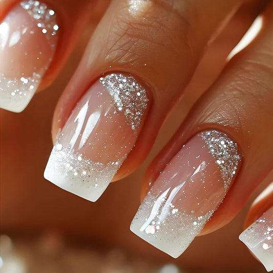 White French Tips Press on Nails 24Pcs Glossy Silver Glitter Acrylic Fake Nails Sparkly False Nail Milky Way Gel Glue on Nail Stars Stick on Medium Square Fingernails for Coquette Women Girls