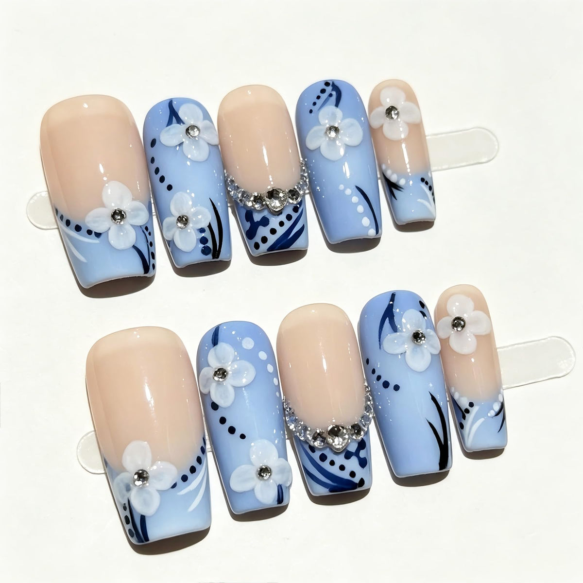 White Medium Square Handmade Press On Nails, French Tip 3D Heart Design