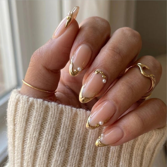 Gold French Tip Press On Nails Medium Almond Fake Nails with Pearl Designs Glossy Nude Pink Glue On Nail Reusable Full Cover Acrylic Nail for Women Office Wedding Date Night 24 PCS