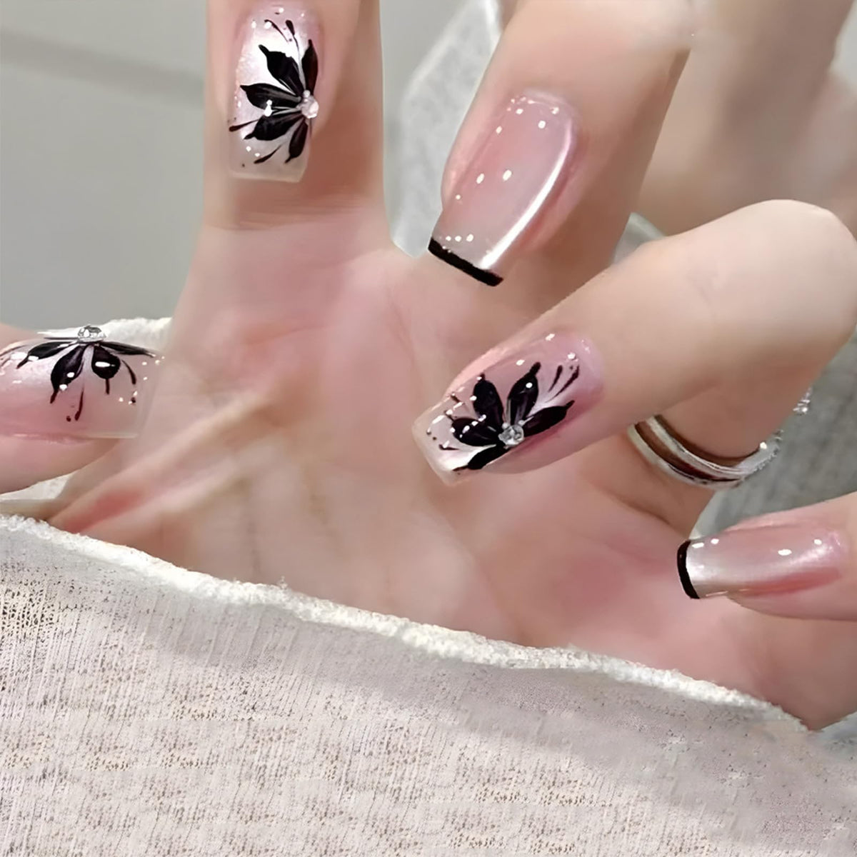 White French Tips Press on Nails 24Pcs Glossy Silver Glitter Acrylic Fake Nails Sparkly False Nail Milky Way Gel Glue on Nail Stars Stick on Medium Square Fingernails for Coquette Women Girls