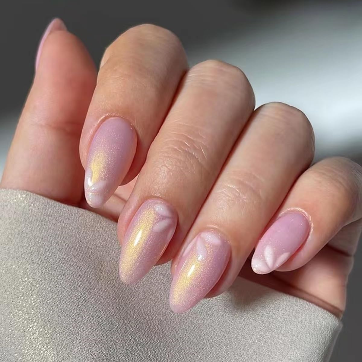 Almond Press on Nails Medium - Fall Fake Nails with Gold Line Design - White Full Cover Stick on False Nails - for Women 24 Pcs