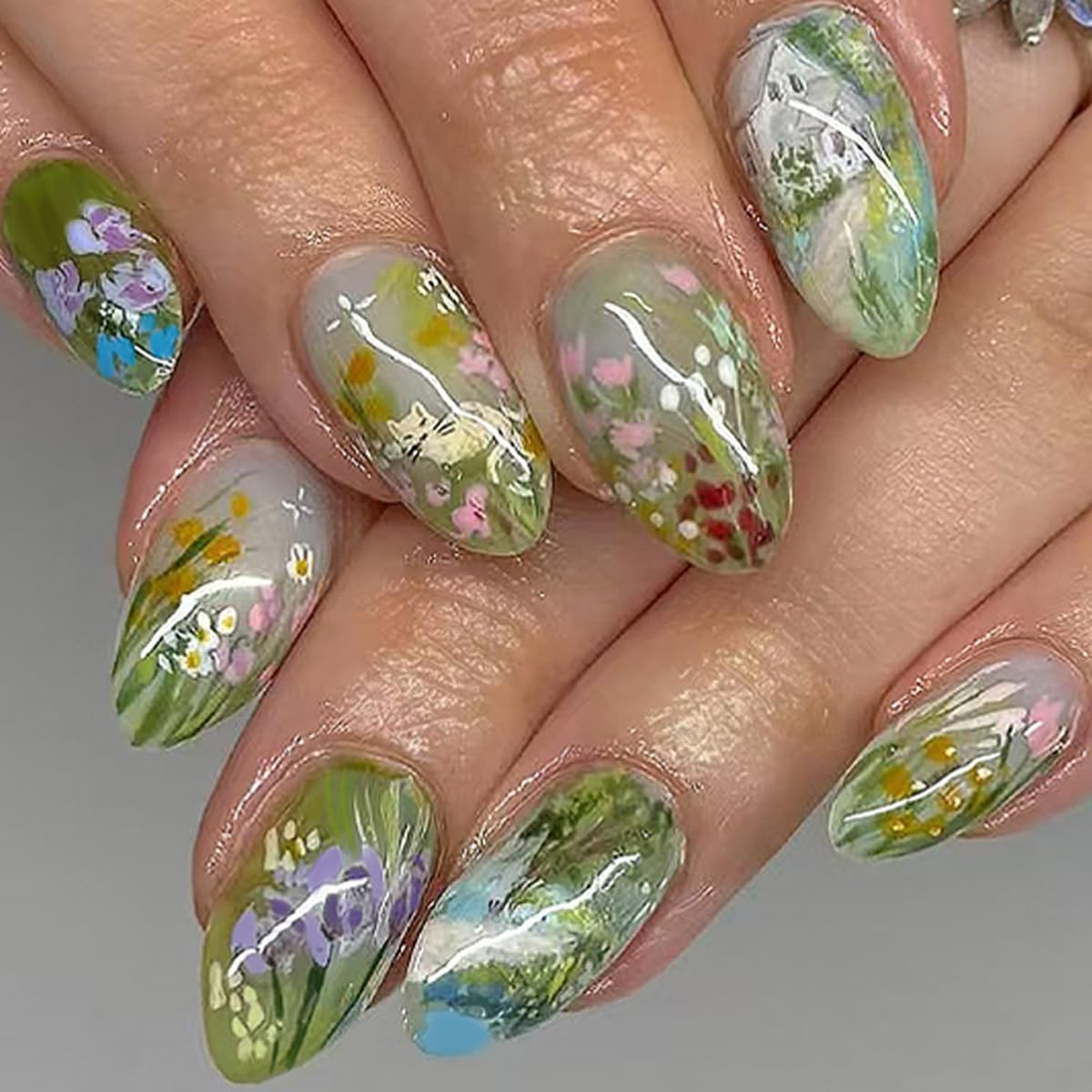 Medium Almond Press on Nails - White French Tip with 3D Flower Rhinestones