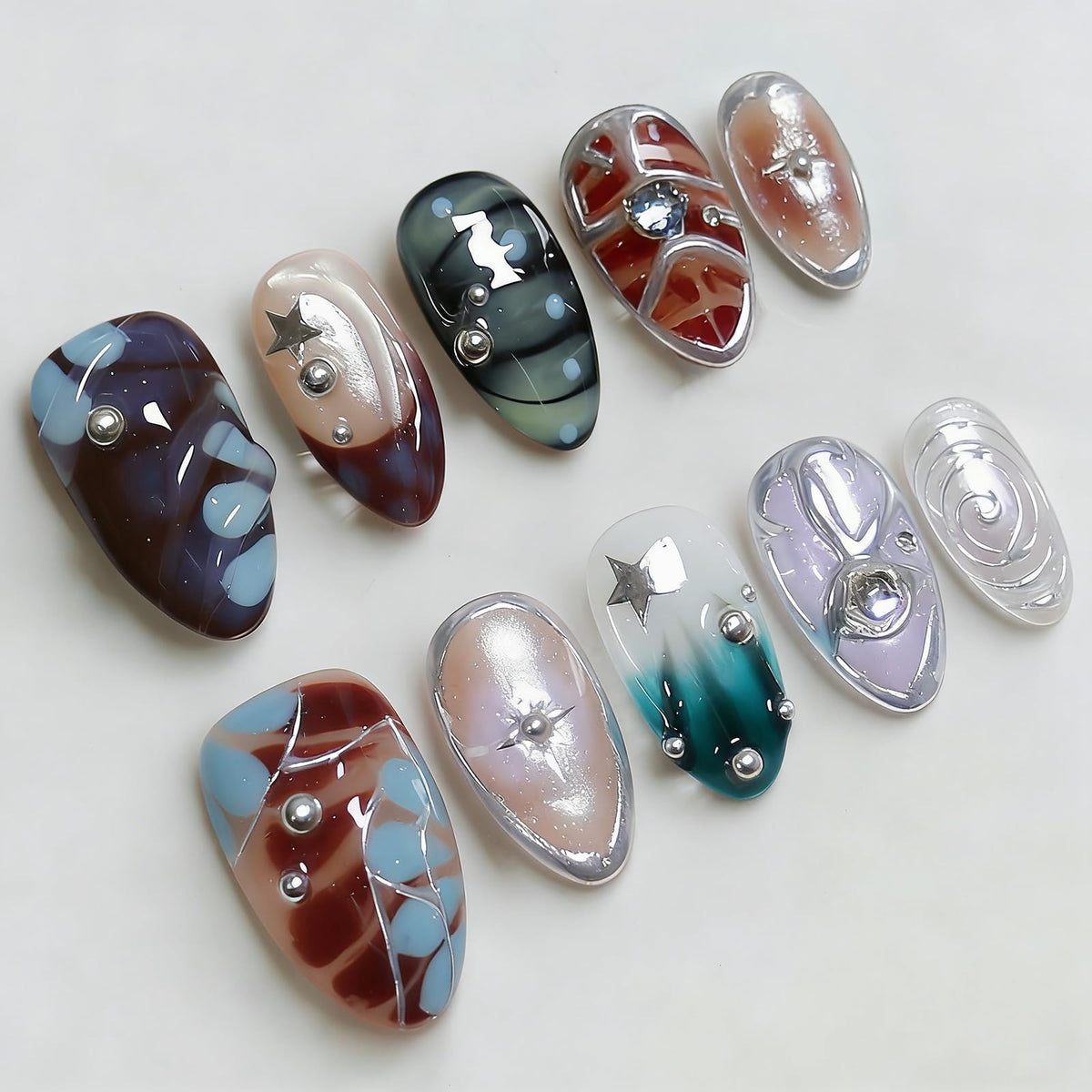 Handmade Almond Press on Nails Medium, Nude White French Tip Fake Nails with 3D White Flower Gold Metal Lines Pearl Decor, Glossy Reusable Full Cover False Nails for Women Wedding Daily(S)