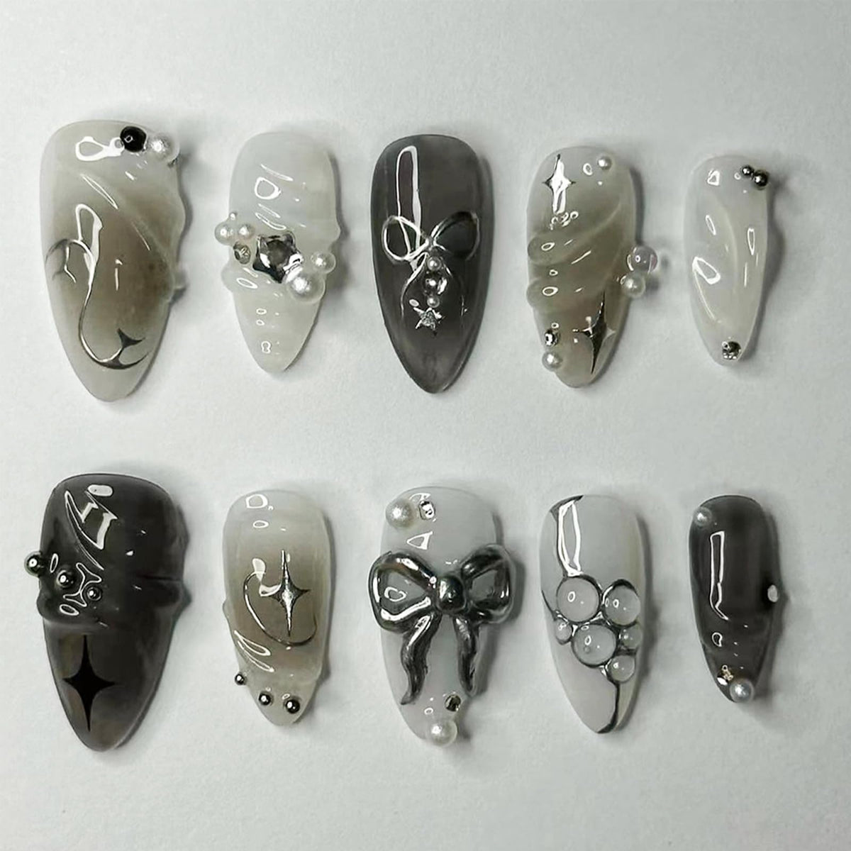 Green Press on Nails Medium Almond Fake Nails with 3D Pearl Rhinestones Designs Gold French Tips Flower Acrylic Nails False Nails White Floral Full Cover Glossy Stick on Nails for Women 24Pcs