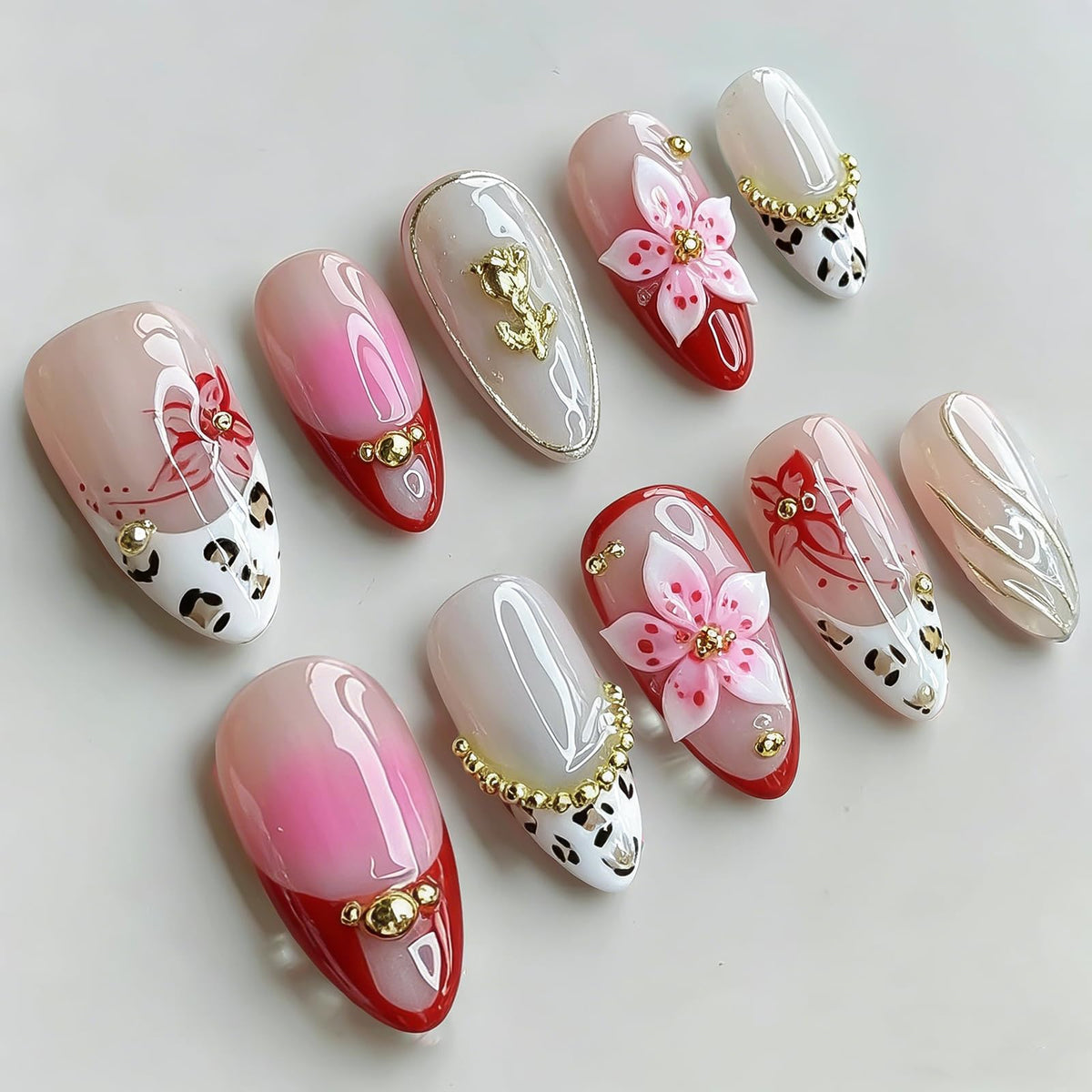 Handmade Almond Press on Nails Medium, Nude White French Tip Fake Nails with 3D White Flower Gold Metal Lines Pearl Decor, Glossy Reusable Full Cover False Nails for Women Wedding Daily(S)