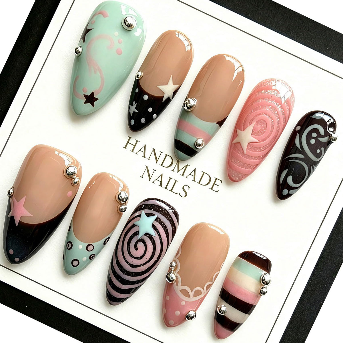 Handmade Almond Press on Nails, Abstract 3D Floral Gold, 10Pcs