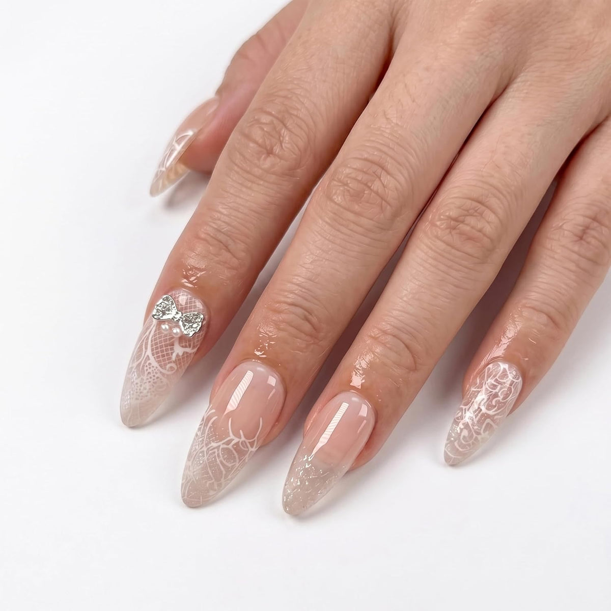 Lace Print Short Almond Press On Nails with 3D Rhinestones 24Pcs
